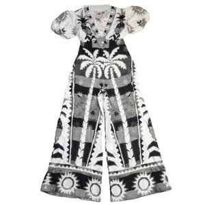 NWT Anthropologie x Farm Rio Puff-Sleeve Jumpsuit in Black White Palm 1-Piece MP